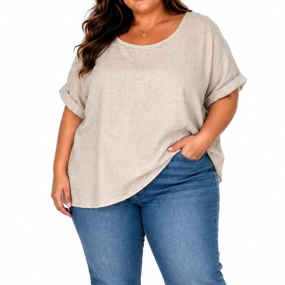 Spin USA Womens 1XL Oatmeal Beige Linen Blend Button Back Cuffed Sleeve Top